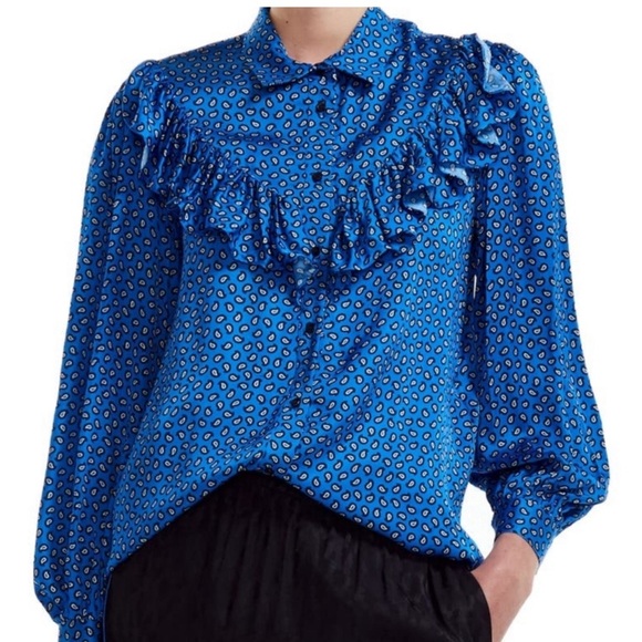Maje Tops - Maje Cilona Button Down Blouse Shirt in Blue